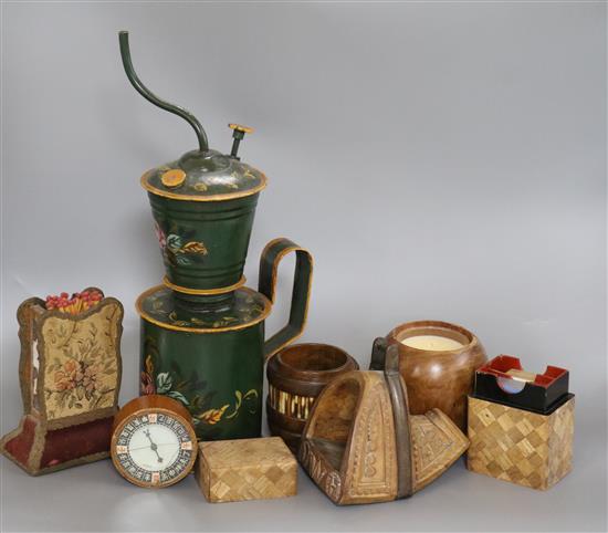 A group of assorted treen including a pair of stirrups, a L. Hasiak vase and a toleware fumigator